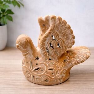 Vintage Handmade Terracotta Bird Candle Holder | Folk Art Clay Lantern